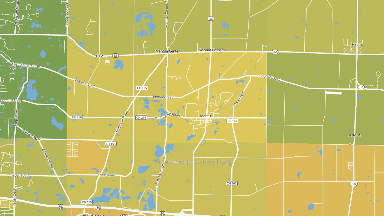 Map of the best neighborhoods in the 44255 area, with better matches in green and worse matches in red