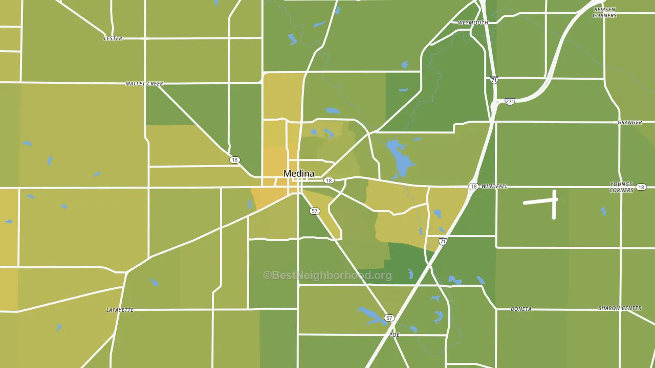 Map of the best neighborhoods in the 44256 area, with better matches in green and worse matches in red