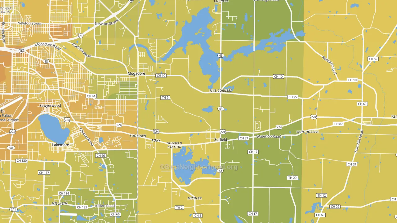 Map of the best neighborhoods in the 44260 area, with better matches in green and worse matches in red