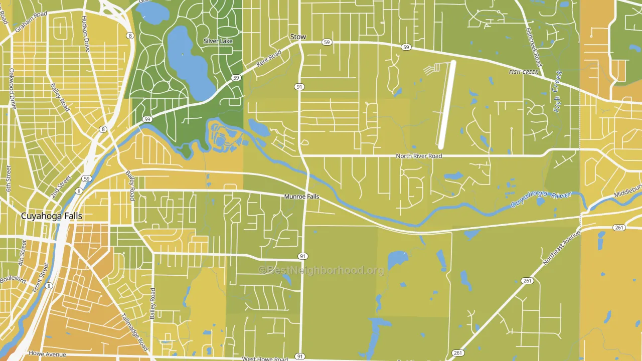 Map of the best neighborhoods in the 44262 area, with better matches in green and worse matches in red