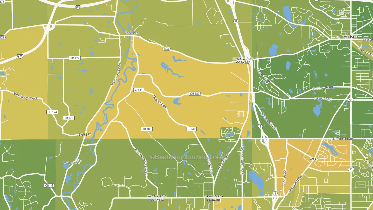 Map of the best neighborhoods in the 44264 area, with better matches in green and worse matches in red
