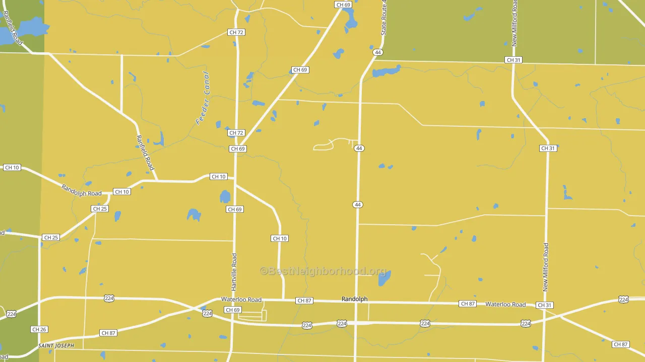 Map of the best neighborhoods in the 44265 area, with better matches in green and worse matches in red