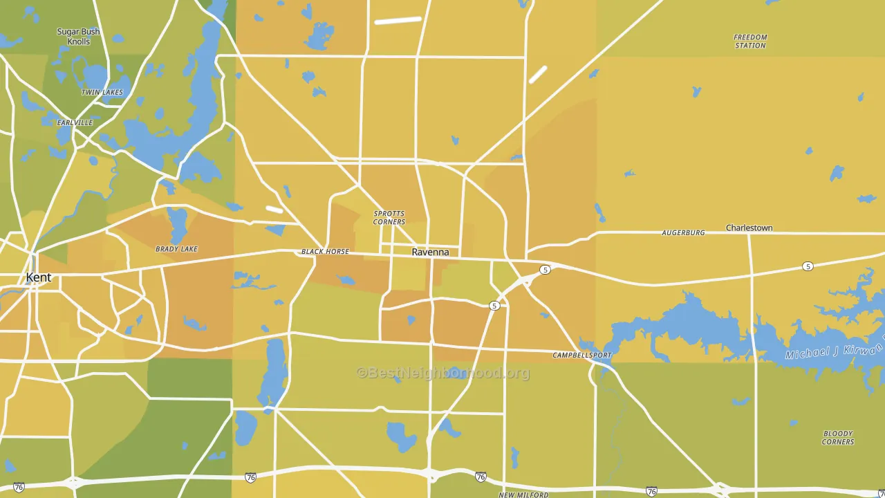 Map of the best neighborhoods in the 44266 area, with better matches in green and worse matches in red