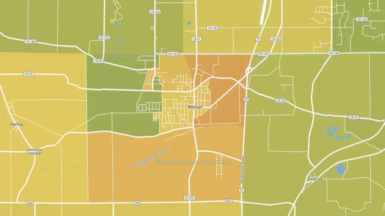 Map of the best neighborhoods in the 44270 area, with better matches in green and worse matches in red