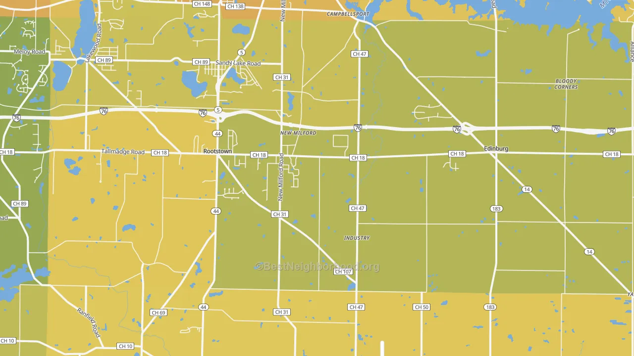 Map of the best neighborhoods in the 44272 area, with better matches in green and worse matches in red