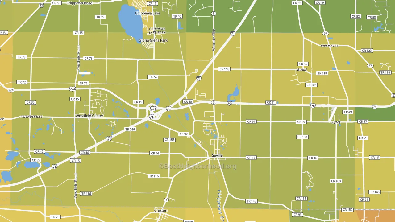 Map of the best neighborhoods in the 44273 area, with better matches in green and worse matches in red