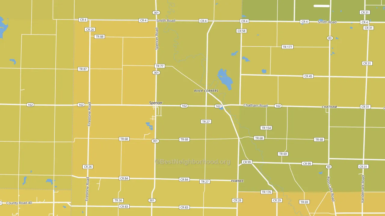 Map of the best neighborhoods in the 44275 area, with better matches in green and worse matches in red