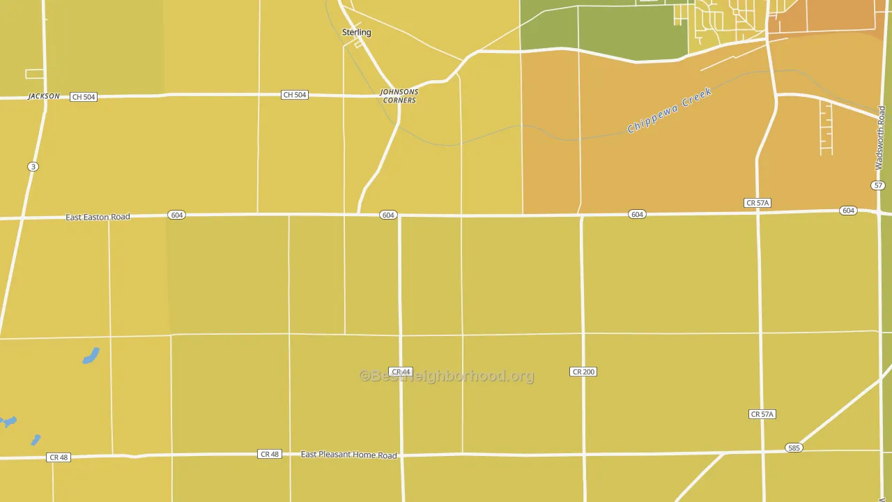 Map of the best neighborhoods in the 44276 area, with better matches in green and worse matches in red