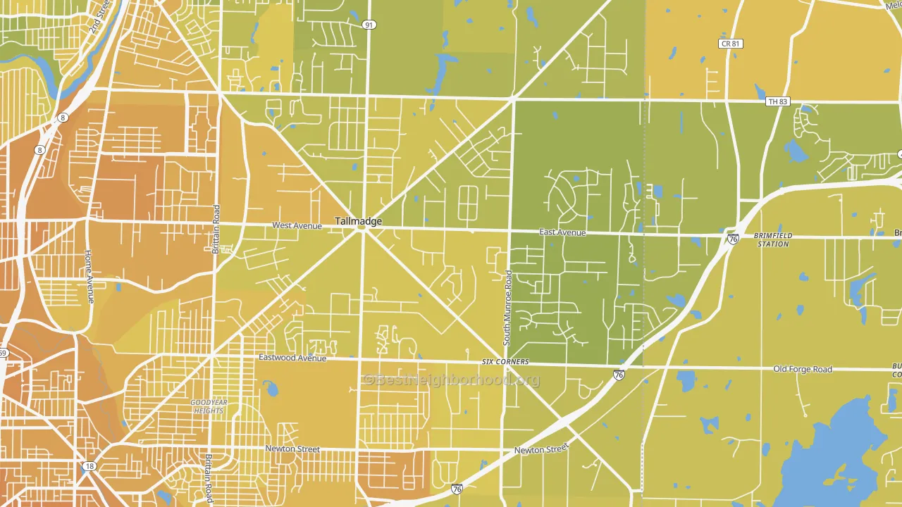 Map of the best neighborhoods in the 44278 area, with better matches in green and worse matches in red