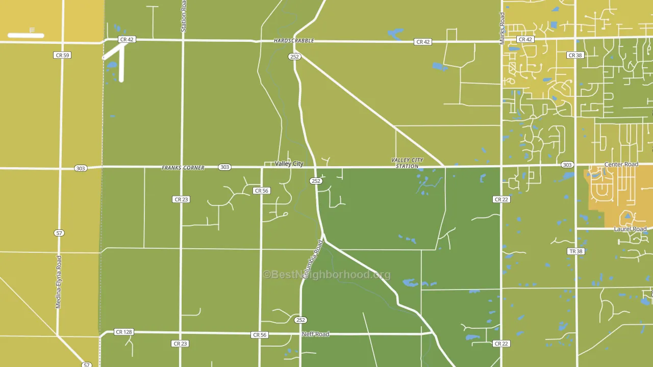 Map of the best neighborhoods in the 44280 area, with better matches in green and worse matches in red