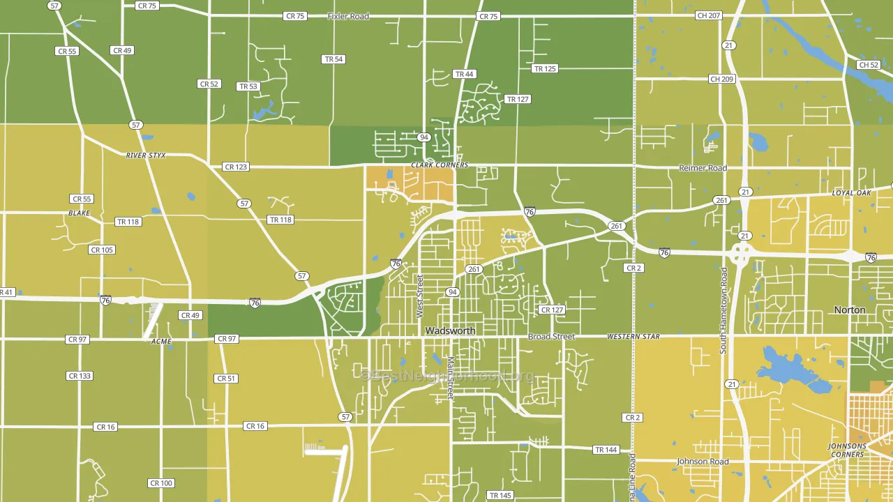 Map of the best neighborhoods in the 44281 area, with better matches in green and worse matches in red