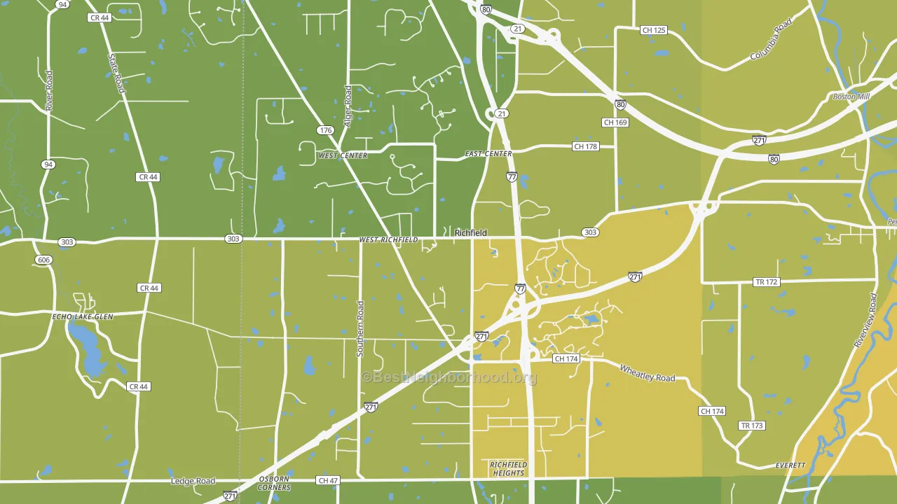Map of the best neighborhoods in the 44286 area, with better matches in green and worse matches in red