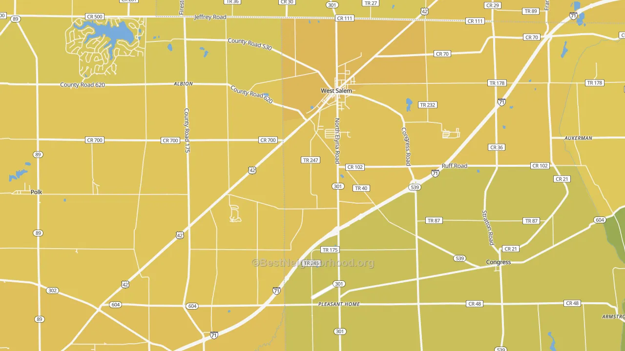 Map of the best neighborhoods in the 44287 area, with better matches in green and worse matches in red