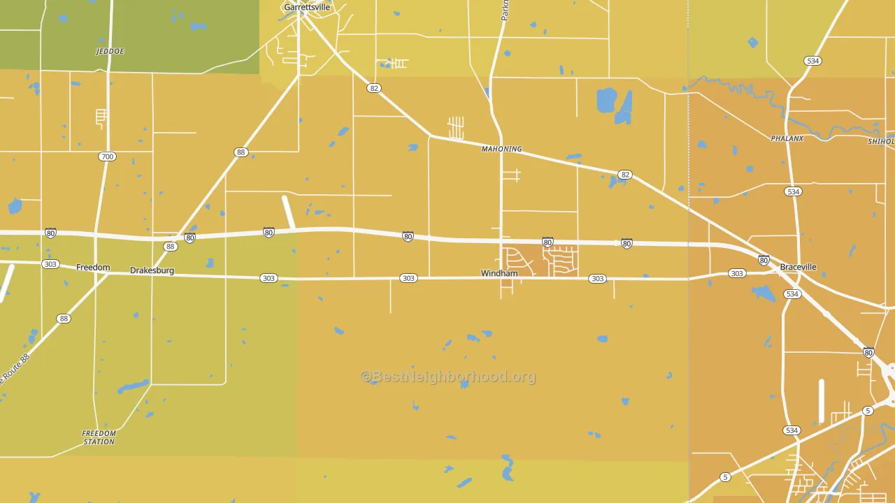 Map of the best neighborhoods in the 44288 area, with better matches in green and worse matches in red