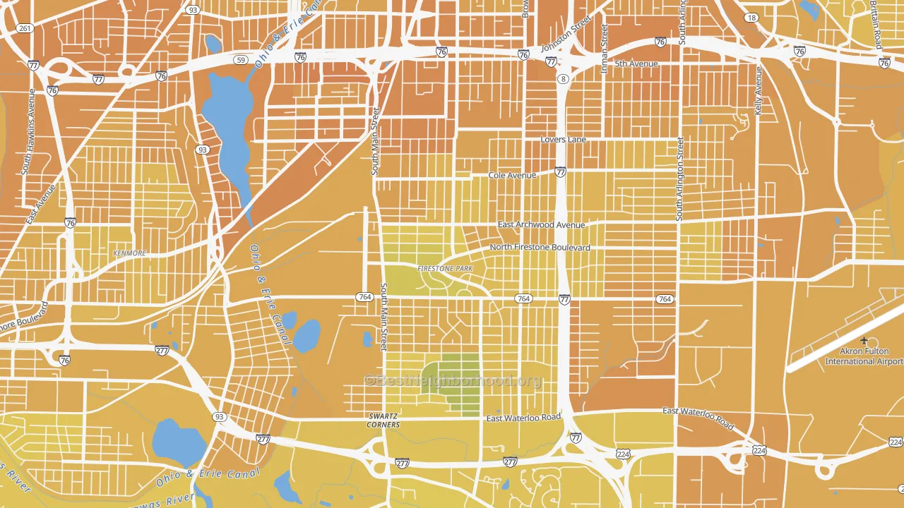 Map of the best neighborhoods in the 44301 area, with better matches in green and worse matches in red