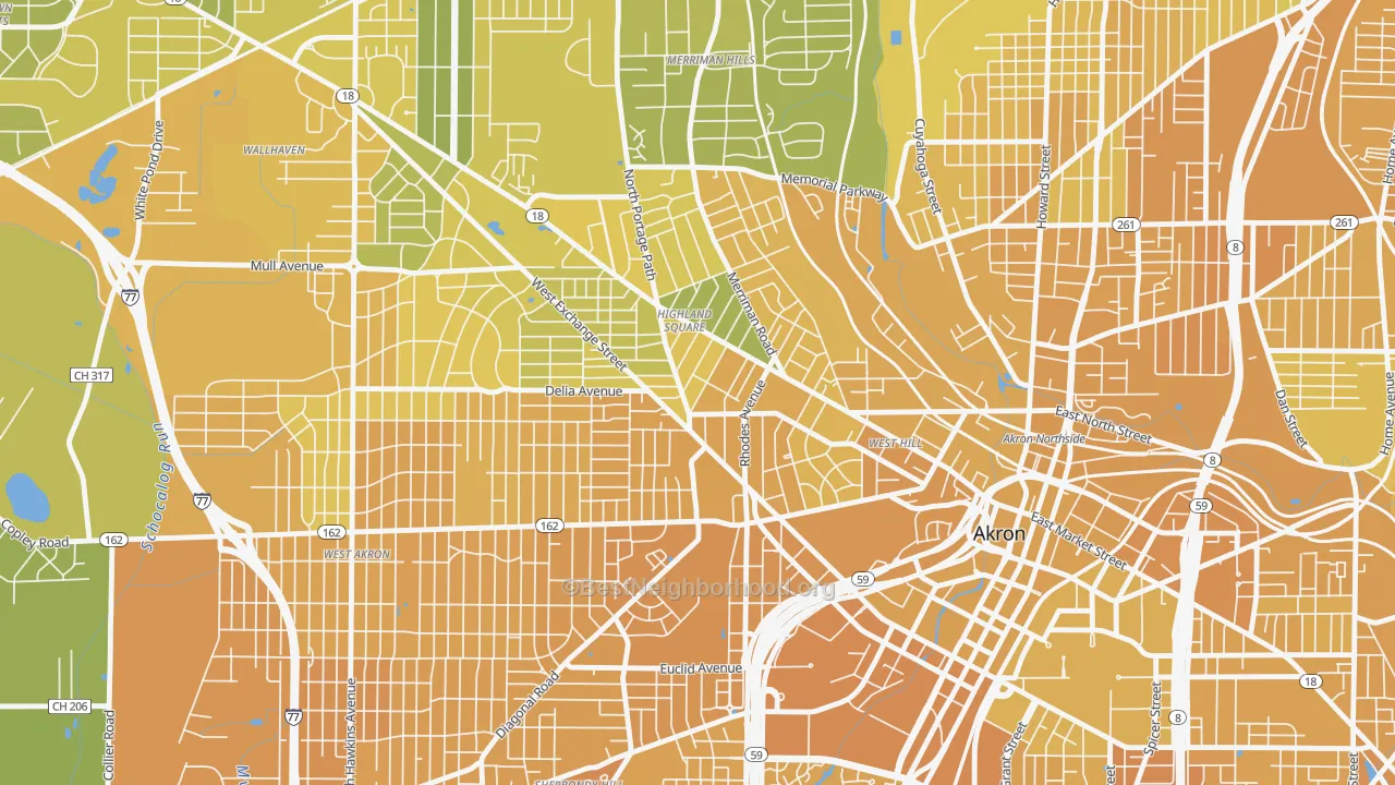 Map of the best neighborhoods in the 44302 area, with better matches in green and worse matches in red