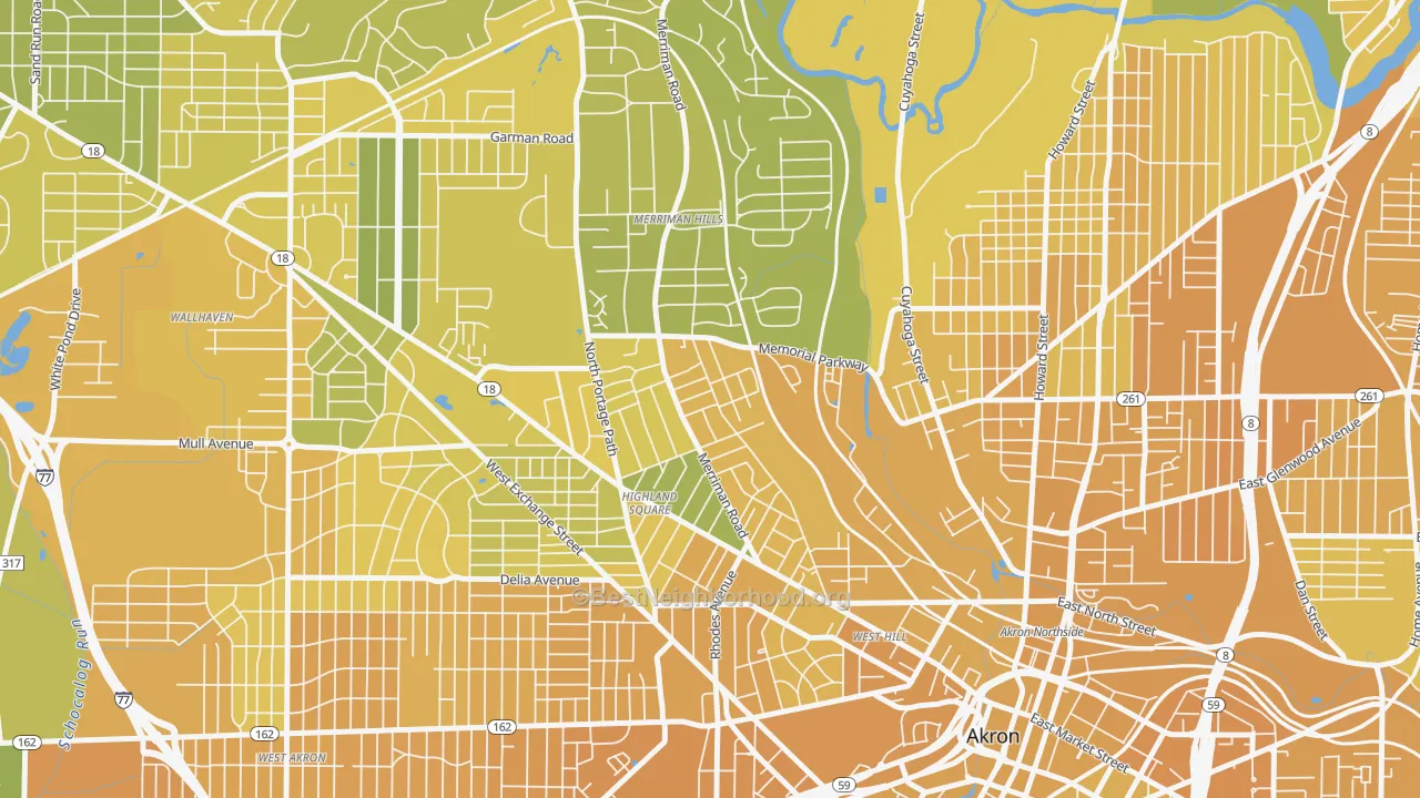 Map of the best neighborhoods in the 44303 area, with better matches in green and worse matches in red