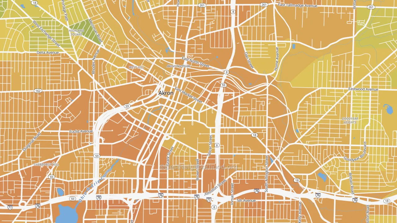 Map of the best neighborhoods in the 44304 area, with better matches in green and worse matches in red