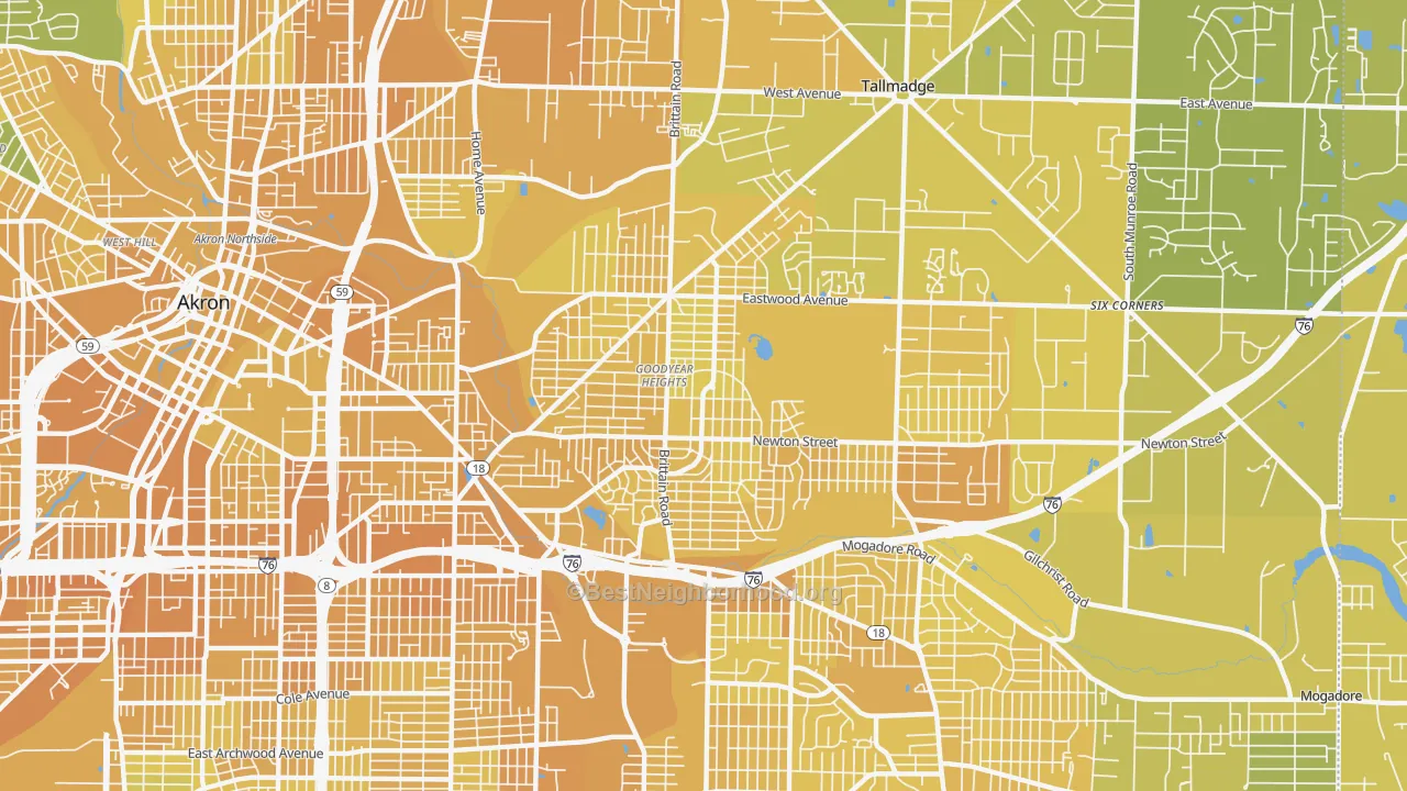 Map of the best neighborhoods in the 44305 area, with better matches in green and worse matches in red