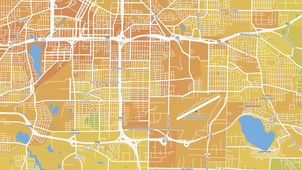 Map of the best neighborhoods in the 44306 area, with better matches in green and worse matches in red