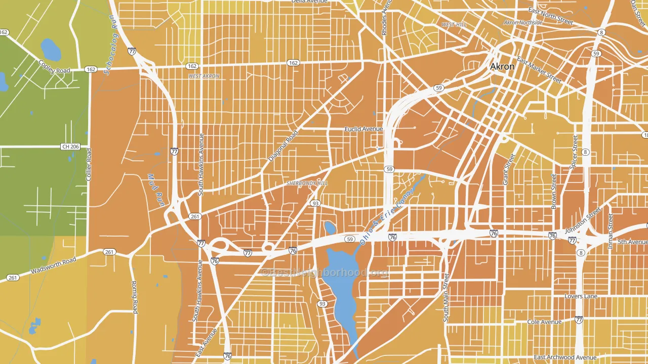 Map of the best neighborhoods in the 44307 area, with better matches in green and worse matches in red
