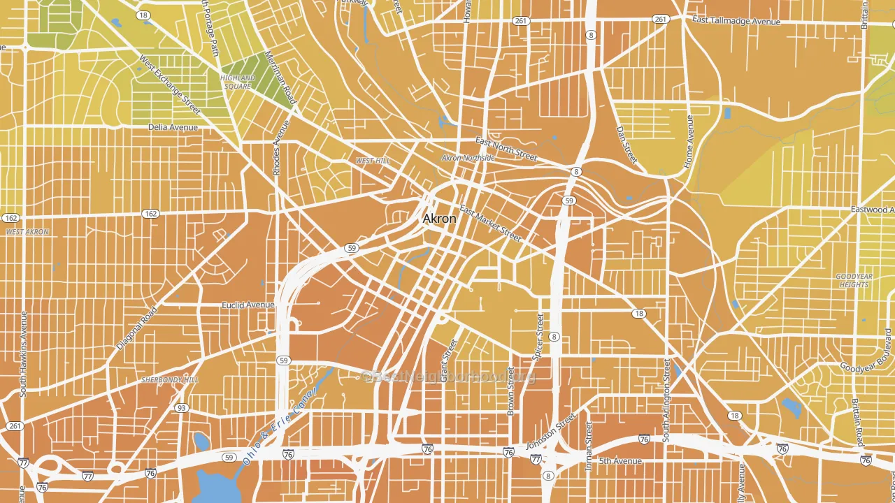 Map of the best neighborhoods in the 44308 area, with better matches in green and worse matches in red