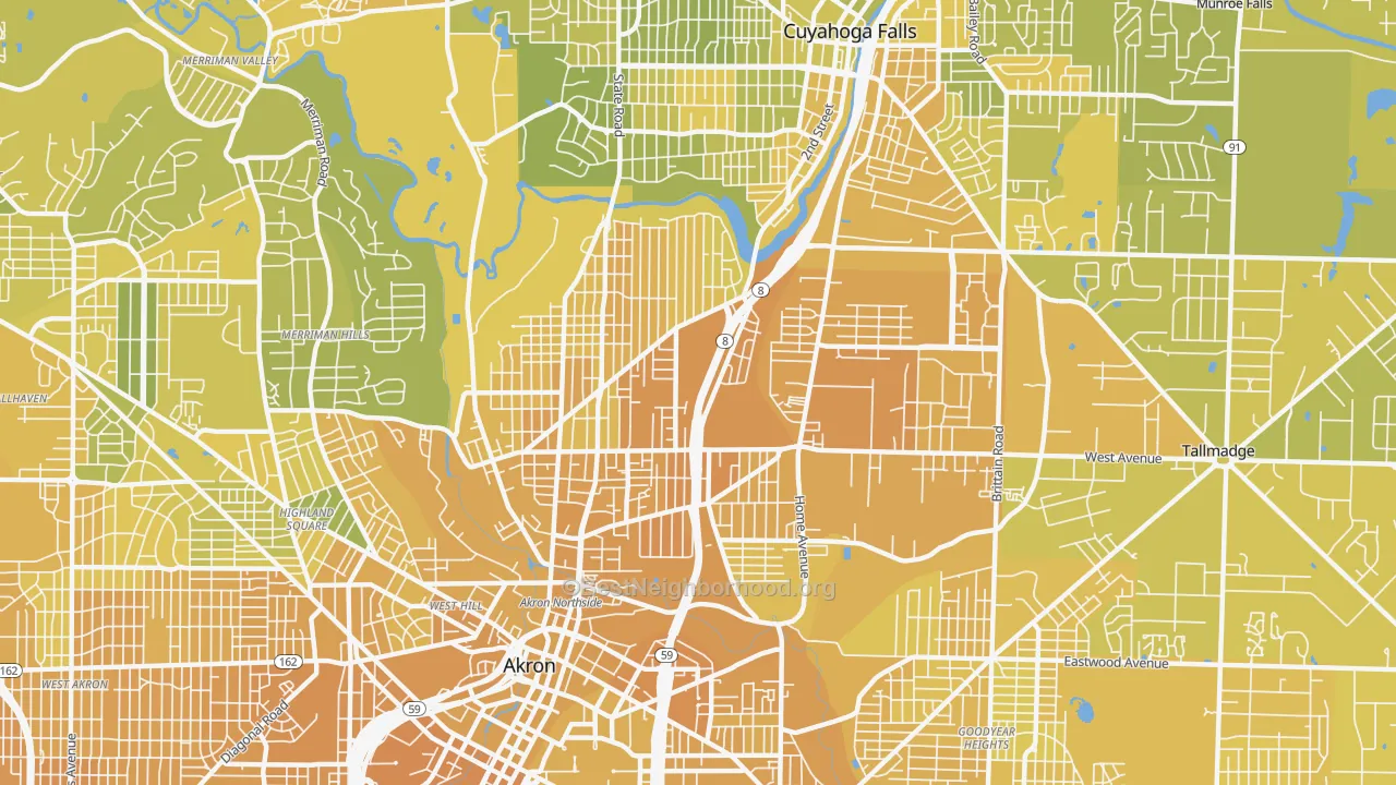 Map of the best neighborhoods in the 44310 area, with better matches in green and worse matches in red