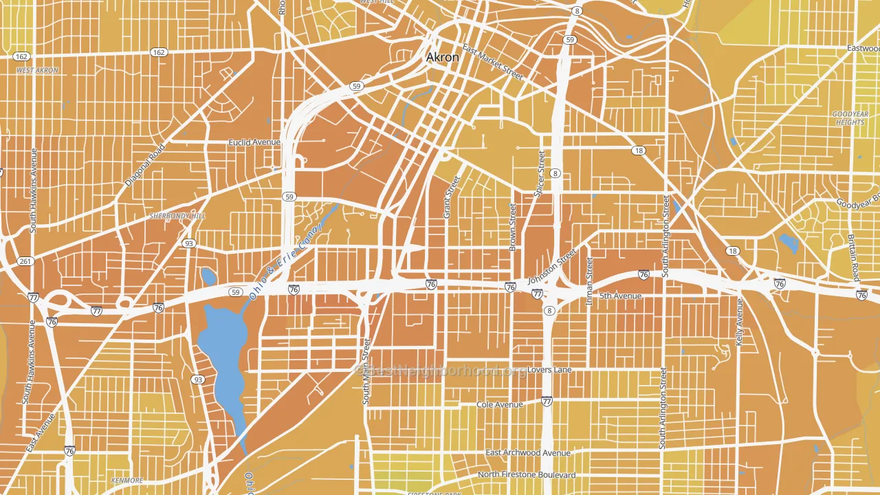 Map of the best neighborhoods in the 44311 area, with better matches in green and worse matches in red