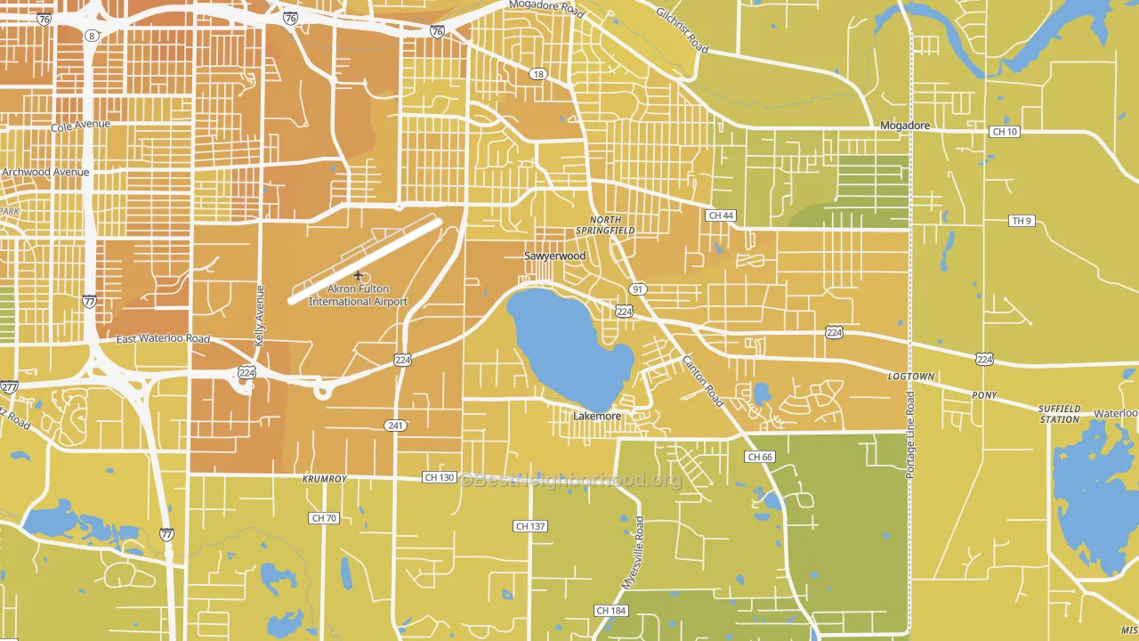 Map of the best neighborhoods in the 44312 area, with better matches in green and worse matches in red