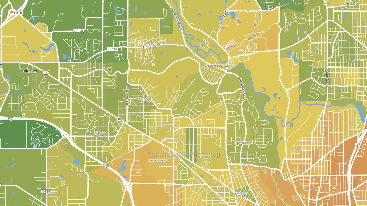 Map of the best neighborhoods in the 44313 area, with better matches in green and worse matches in red