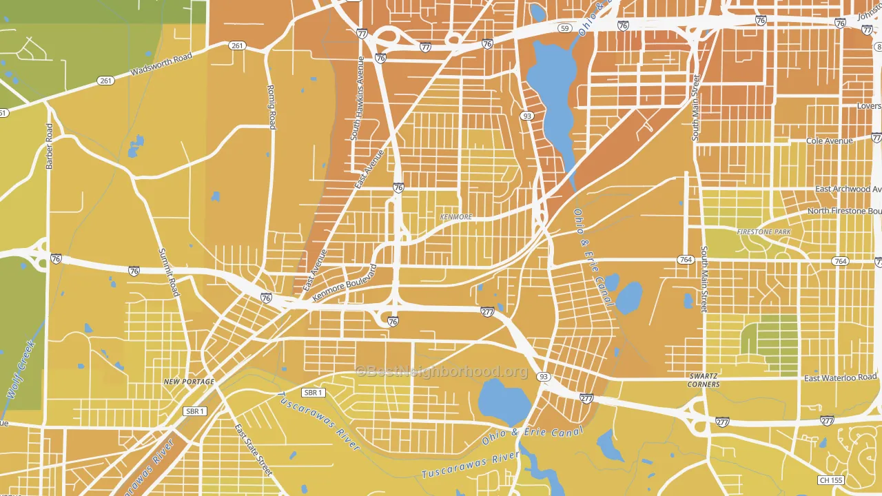 Map of the best neighborhoods in the 44314 area, with better matches in green and worse matches in red