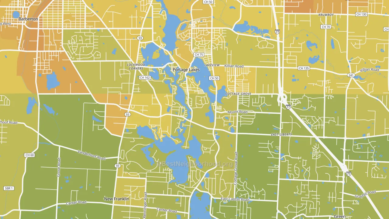 Map of the best neighborhoods in the 44319 area, with better matches in green and worse matches in red