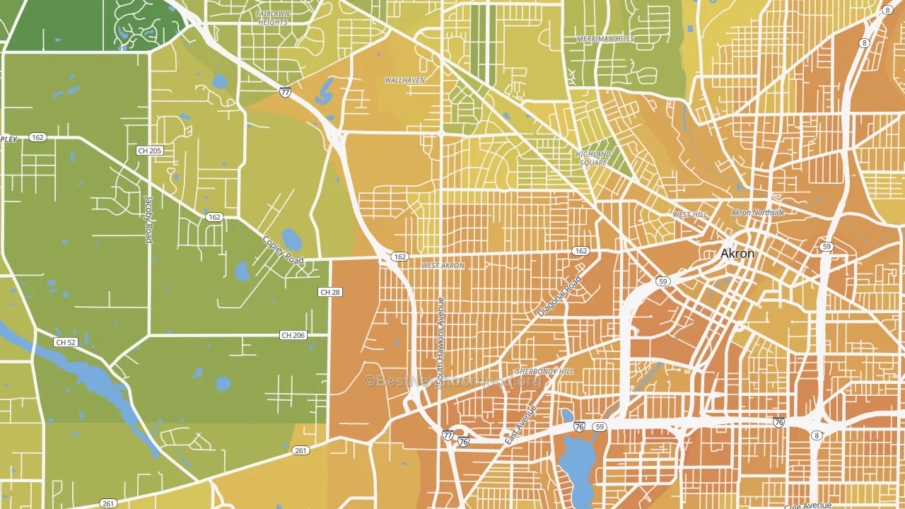 Map of the best neighborhoods in the 44320 area, with better matches in green and worse matches in red