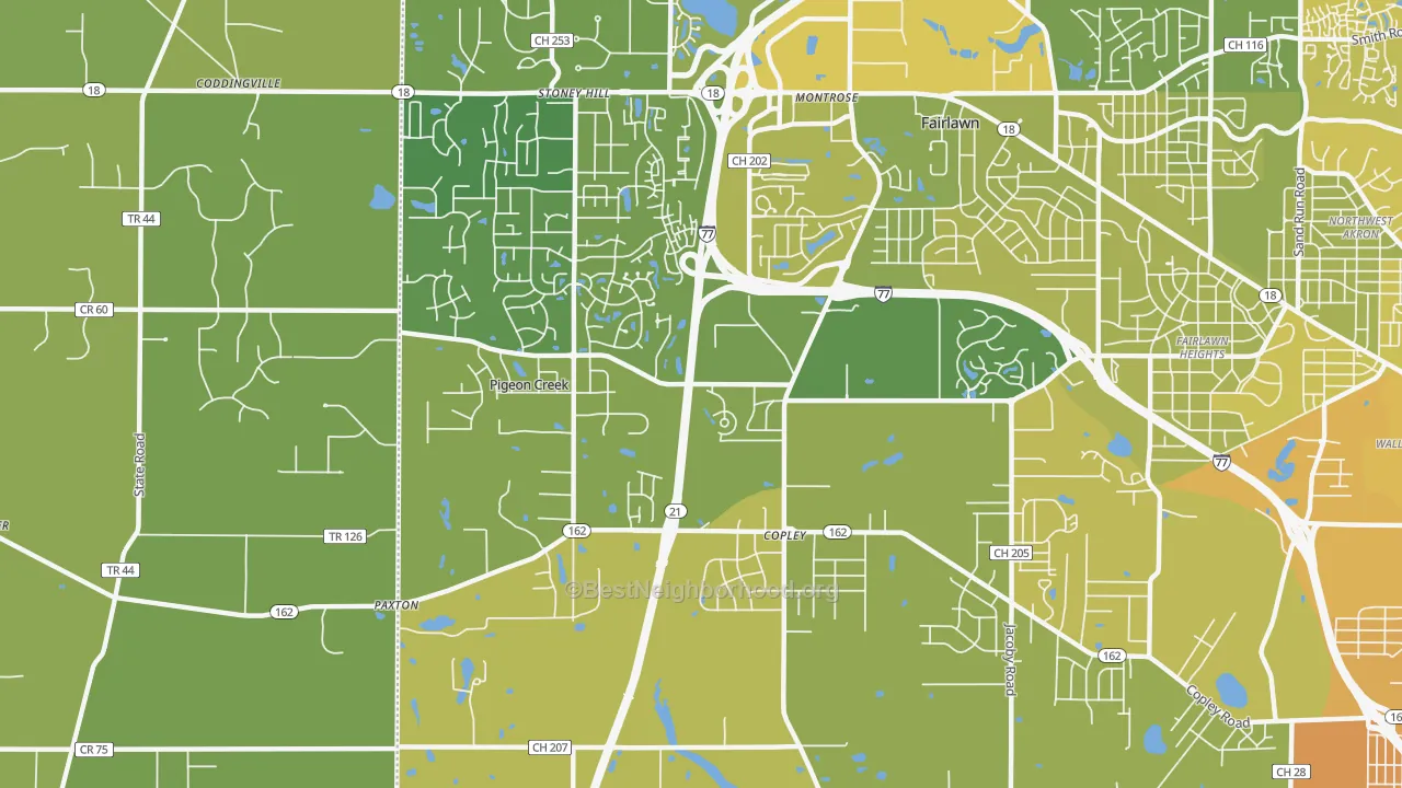 Map of the best neighborhoods in the 44321 area, with better matches in green and worse matches in red