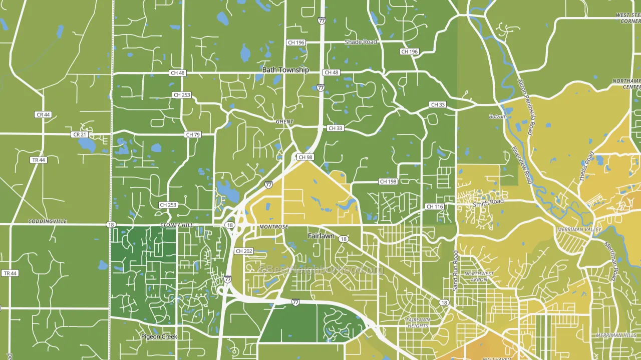 Map of the best neighborhoods in the 44333 area, with better matches in green and worse matches in red