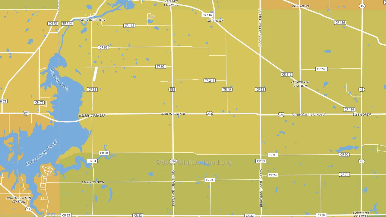 Map of the best neighborhoods in the 44401 area, with better matches in green and worse matches in red