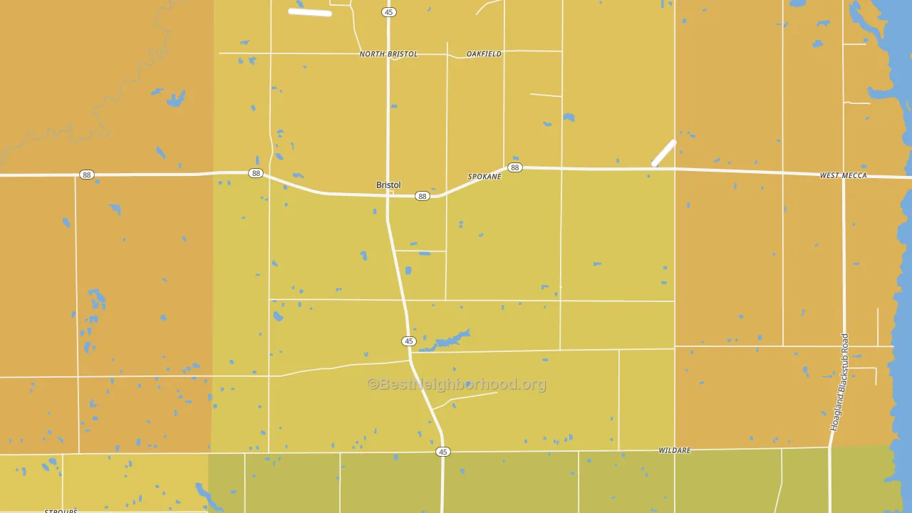 Map of the best neighborhoods in the 44402 area, with better matches in green and worse matches in red