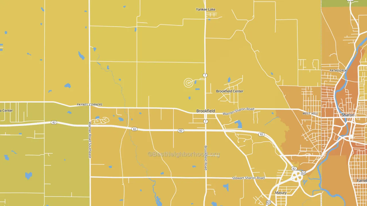 Map of the best neighborhoods in the 44403 area, with better matches in green and worse matches in red