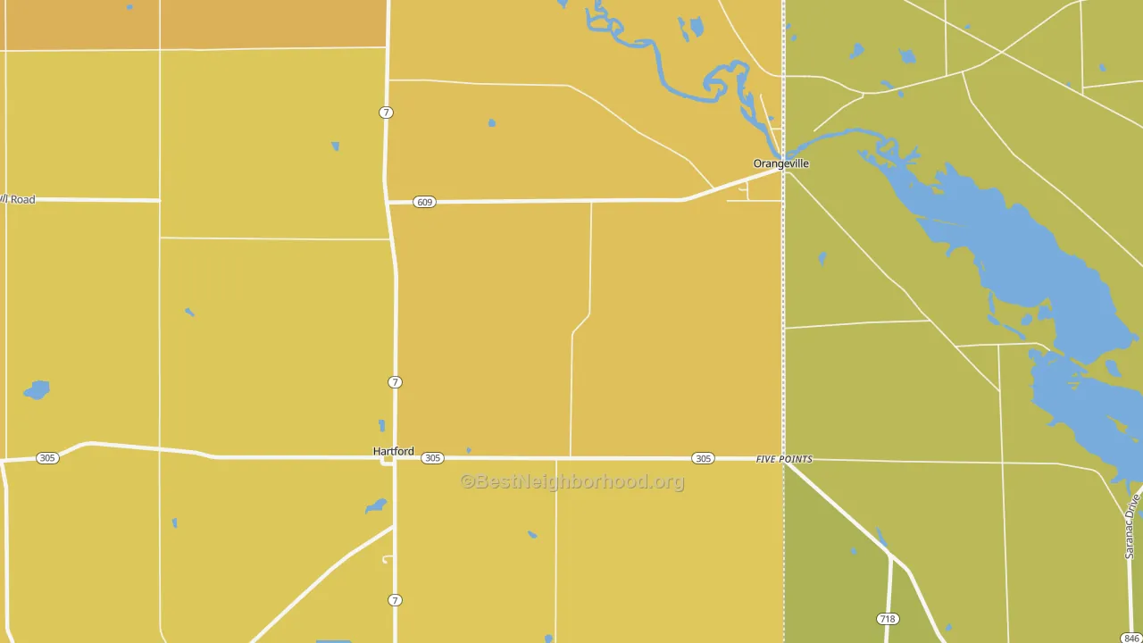 Map of the best neighborhoods in the 44404 area, with better matches in green and worse matches in red