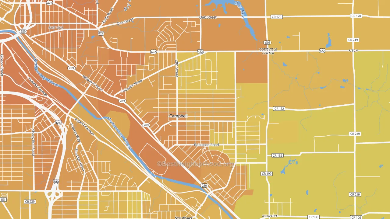 Map of the best neighborhoods in the 44405 area, with better matches in green and worse matches in red