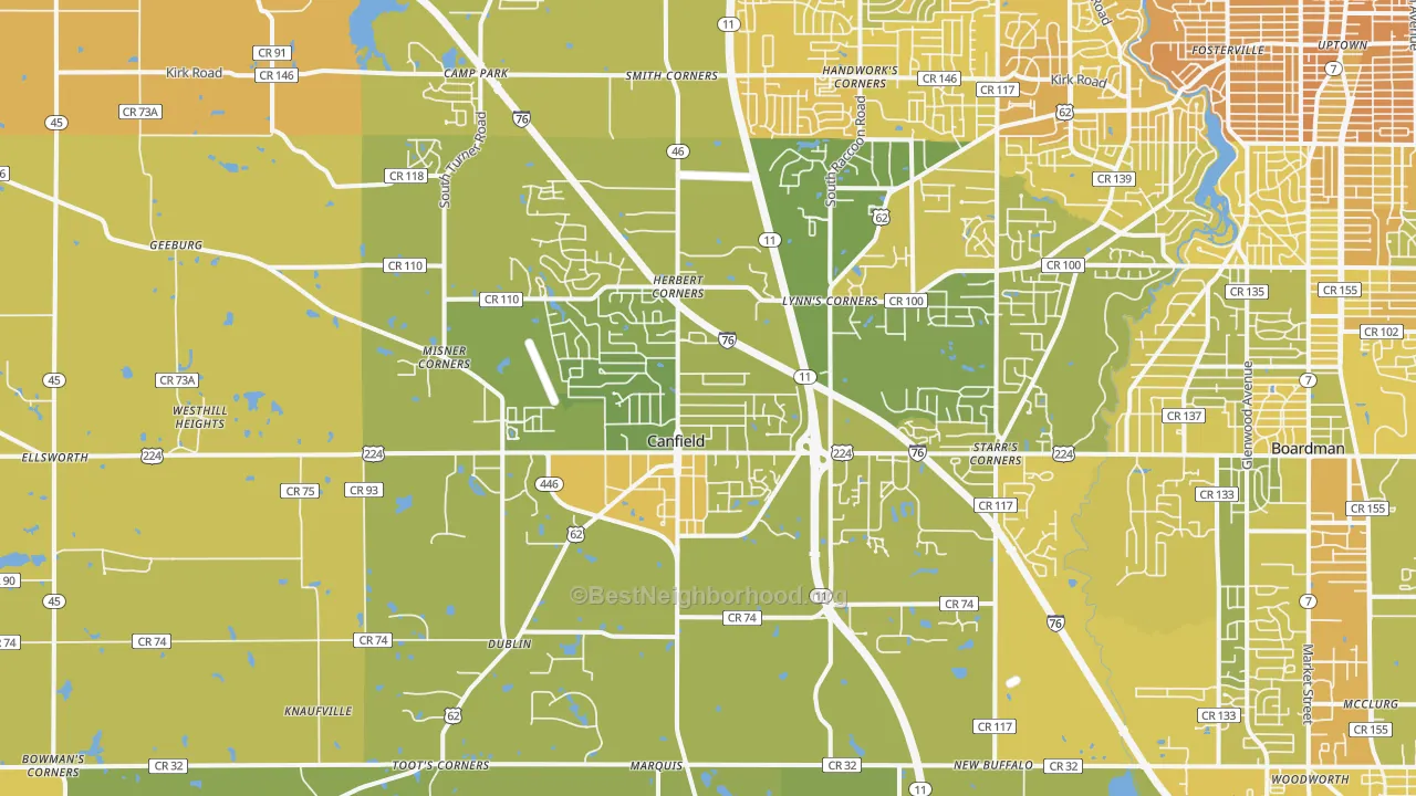 Map of the best neighborhoods in the 44406 area, with better matches in green and worse matches in red