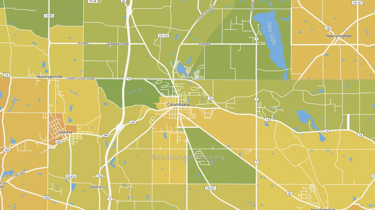 Map of the best neighborhoods in the 44408 area, with better matches in green and worse matches in red