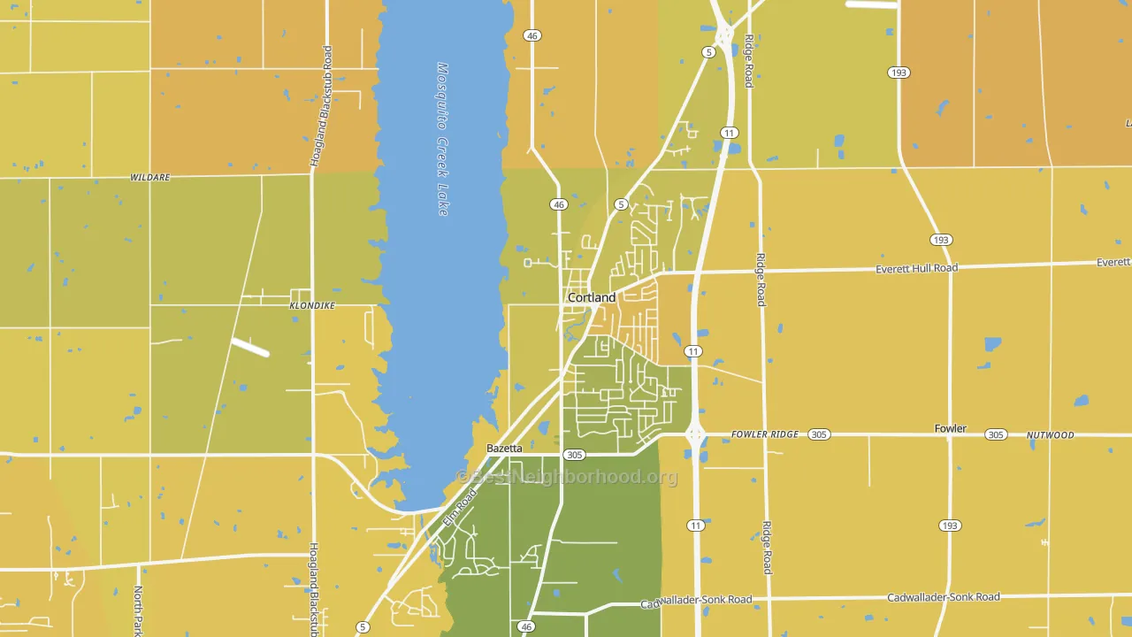 Map of the best neighborhoods in the 44410 area, with better matches in green and worse matches in red