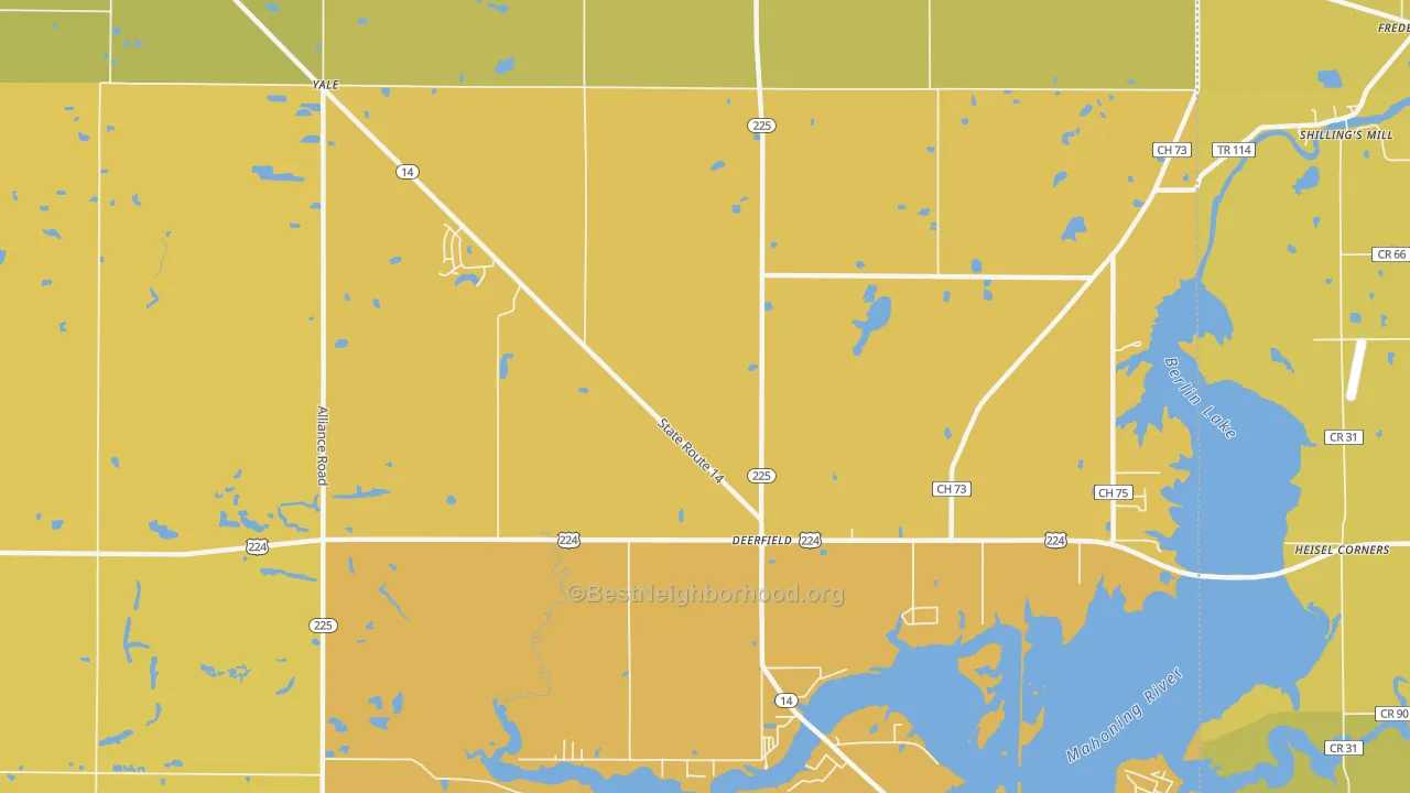 Map of the best neighborhoods in the 44411 area, with better matches in green and worse matches in red