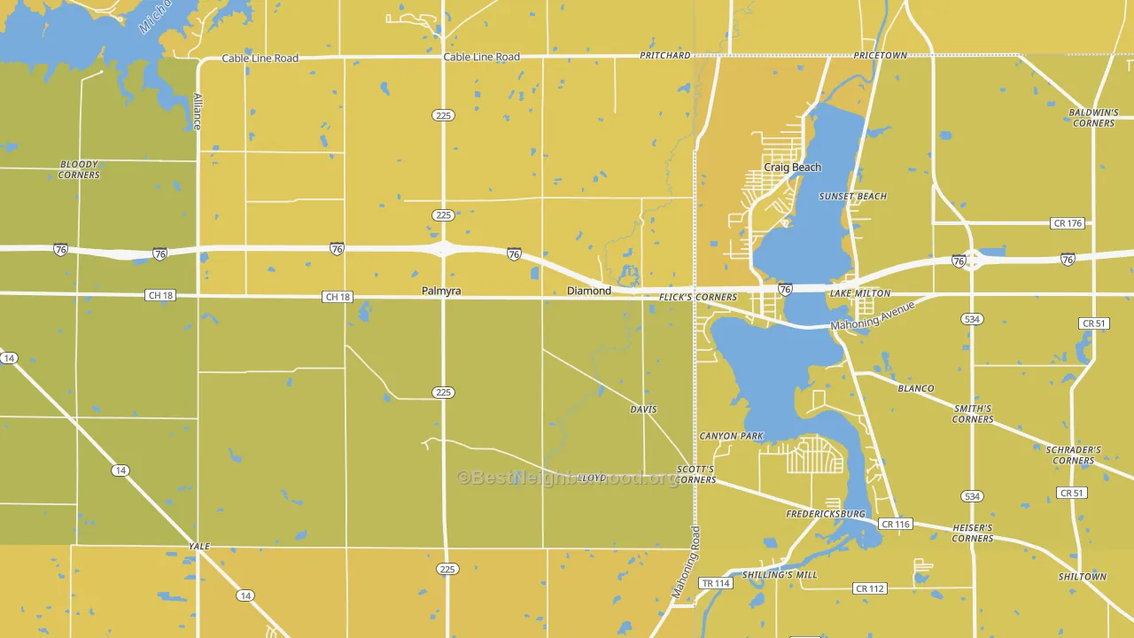 Map of the best neighborhoods in the 44412 area, with better matches in green and worse matches in red