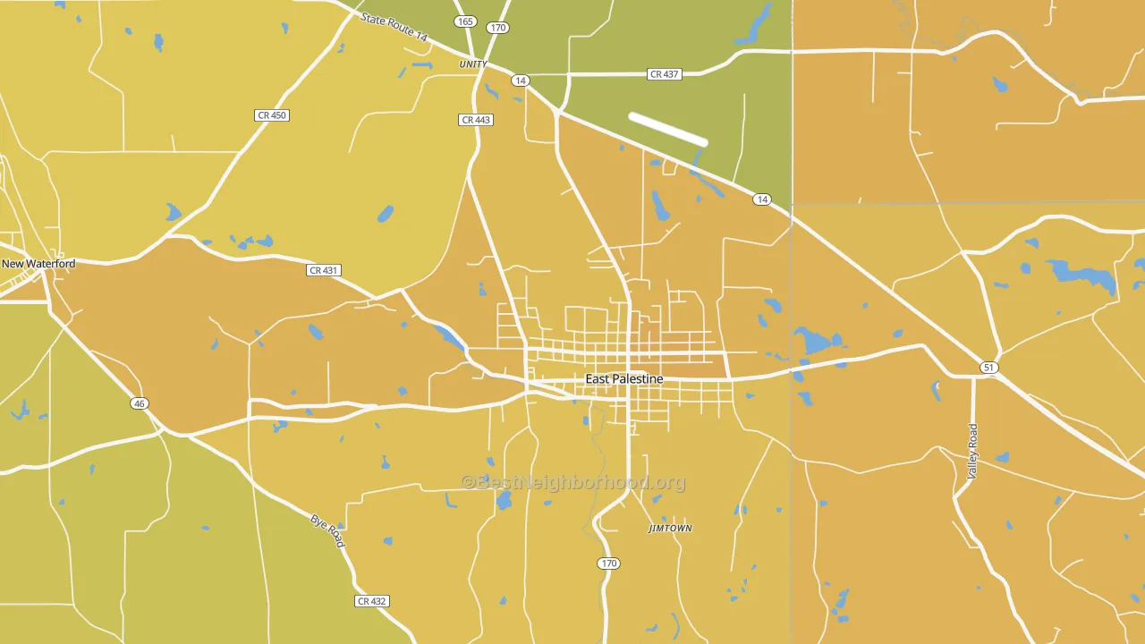 Map of the best neighborhoods in the 44413 area, with better matches in green and worse matches in red