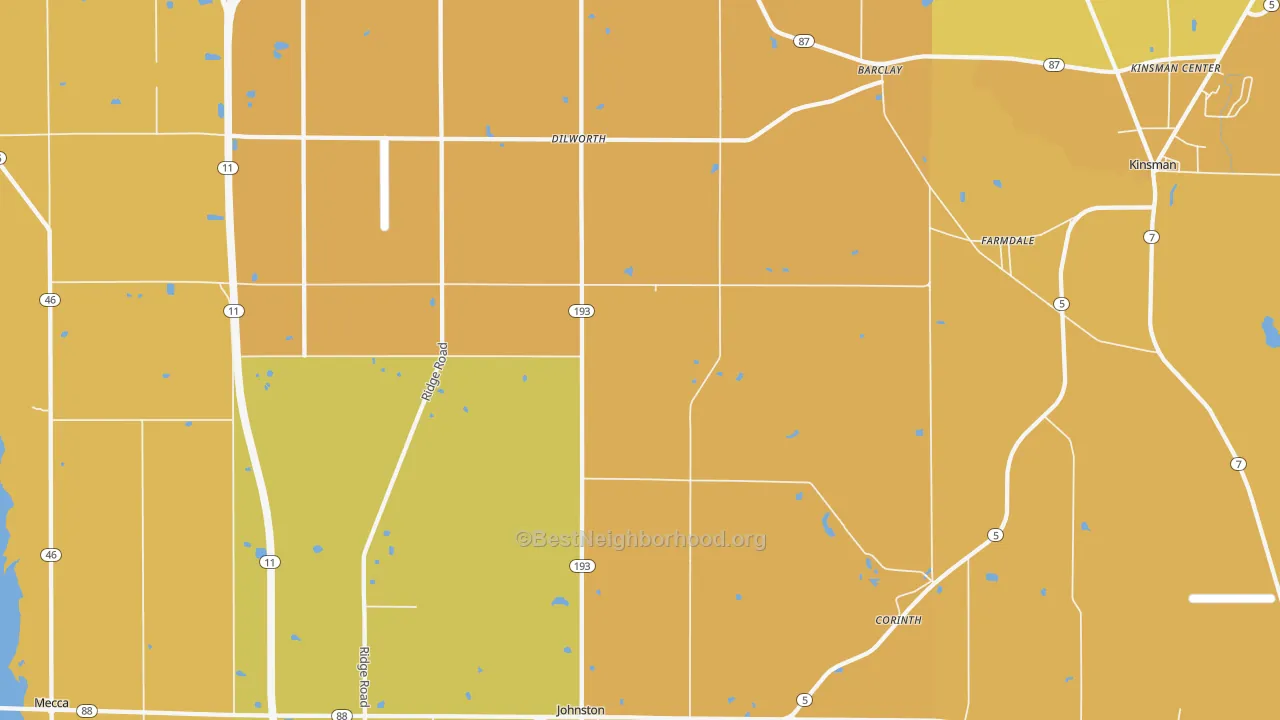 Map of the best neighborhoods in the 44417 area, with better matches in green and worse matches in red