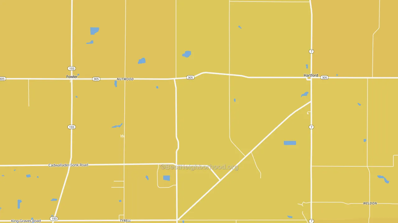 Map of the best neighborhoods in the 44418 area, with better matches in green and worse matches in red