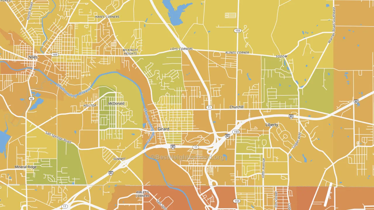 Map of the best neighborhoods in the 44420 area, with better matches in green and worse matches in red