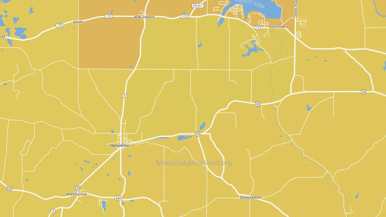 Map of the best neighborhoods in the 44423 area, with better matches in green and worse matches in red